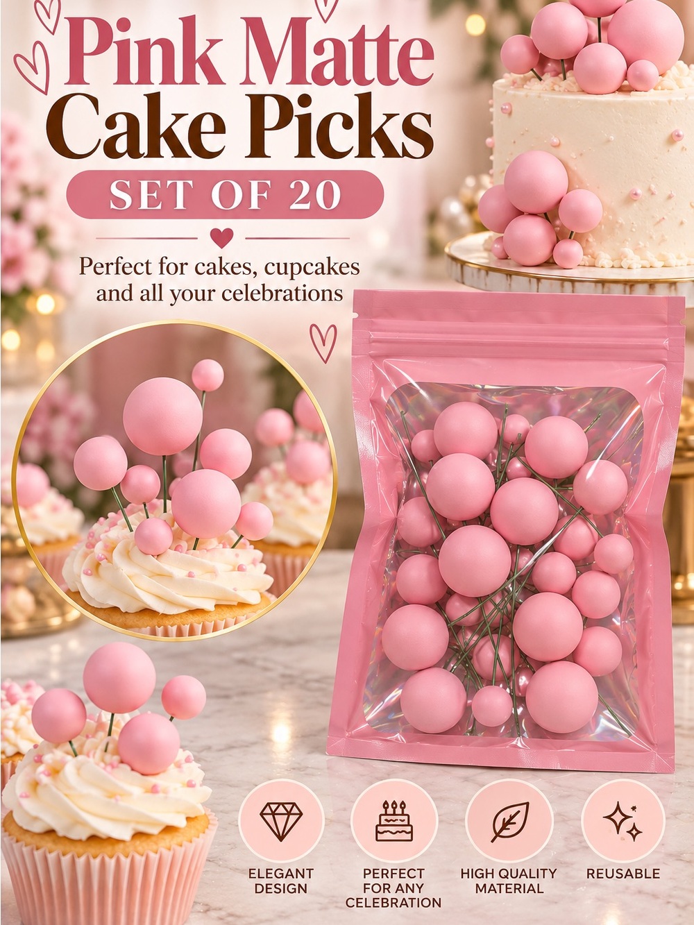 Pink Matte Cake Picks Set of 20 - Decorative Cupcake & Cake Toppers